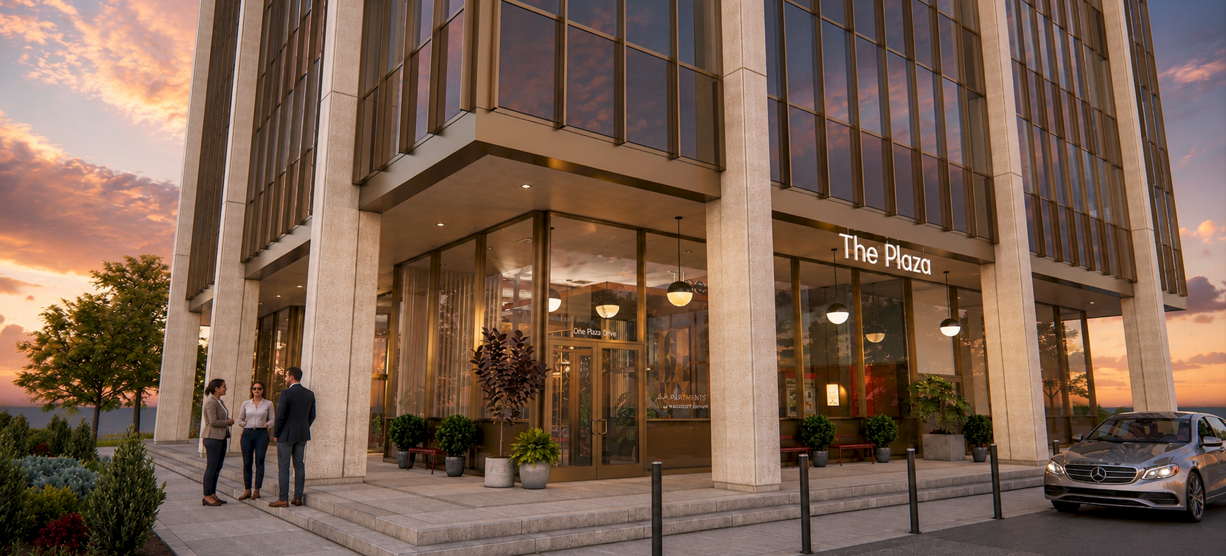 A modern hotel entrance called &ldquo;The Plaza&rdquo; with glass doors, people talking outside, and a Mercedes parked at sunset.
