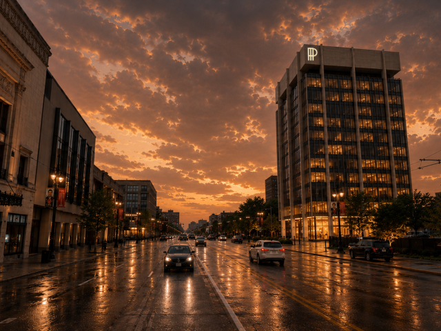 A rainy city street at sunset with cars and tall office buildings glowing under dramatic orange clouds.