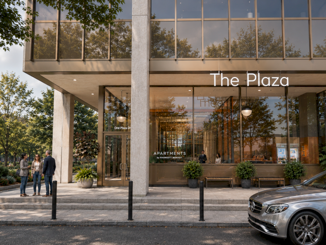 Outside The Plaza apartment building, people walk by the entrance while a car is parked and trees frame the lobby.